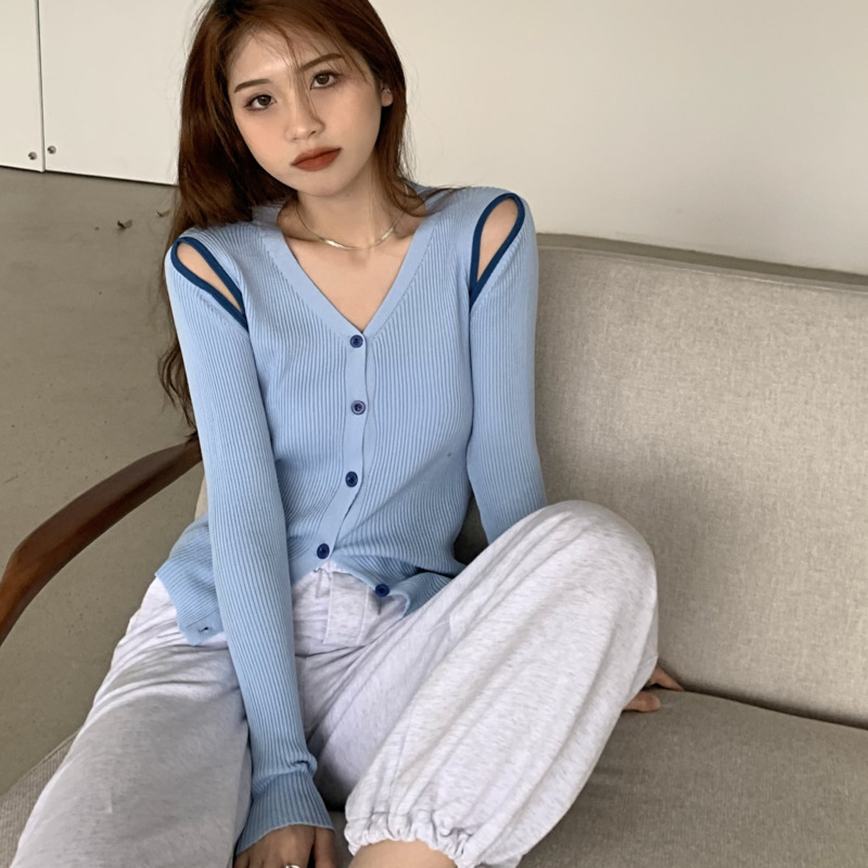 Áo cardigan dệt kim cổ V tay dài thiết kế khoét trễ vai thời trang xinh xắn cho nữ  | BigBuy360 - bigbuy360.vn