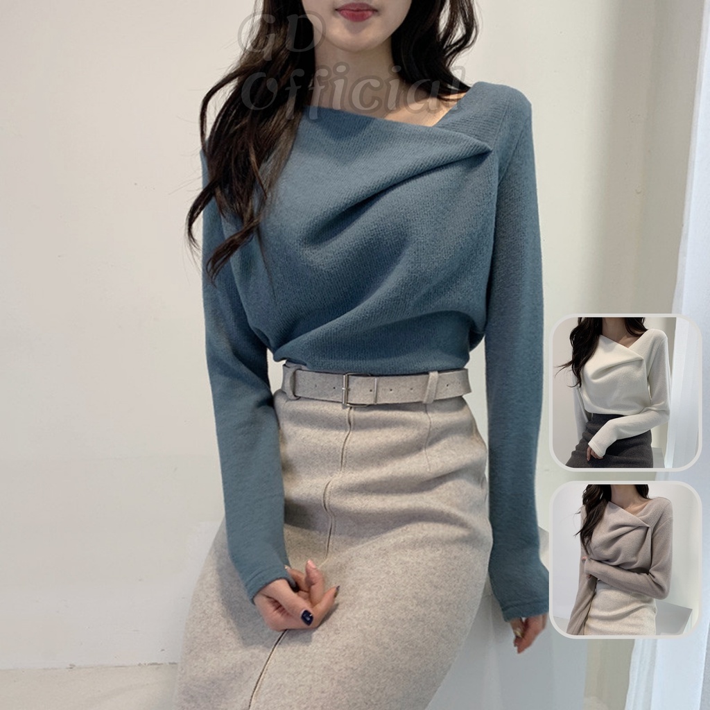 L46|Áo len dệt kim nữ trơn hở vai không đều dài tay thun gân nếp gấp sang trọng hàn quốc kaki, trắng, xanh GD Official