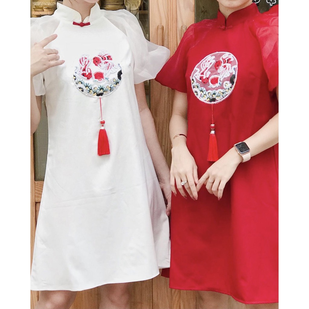 Đầm tết nữ dễ thương có 3 màu Hồng, Trắng. Đỏ mã