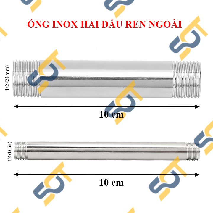 [ỐNG TIỆN REN] Đầu nối ống hai ren ngoài BSP hệ G, đốt nối ren dài 10cm &amp; 1 tấc - Chất liệu Inox