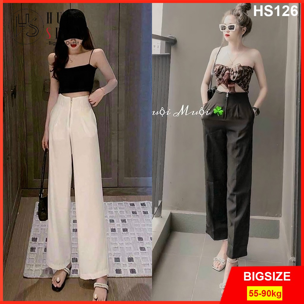 Quần ống suông bigsize nữ 55-90kg lưng cao - Kiểu dáng quần culottes ống rộng bigsize khóa kéo HS126 - Màu trắng đen