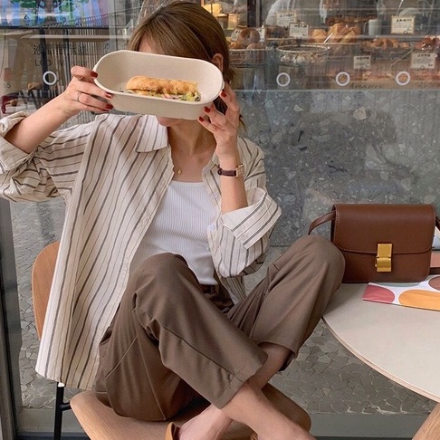 Áo sơ mi sọc tay dài/ áo không tay cổ V/ quần dài ống rộng lưng cao thời trang cho nữ 46294