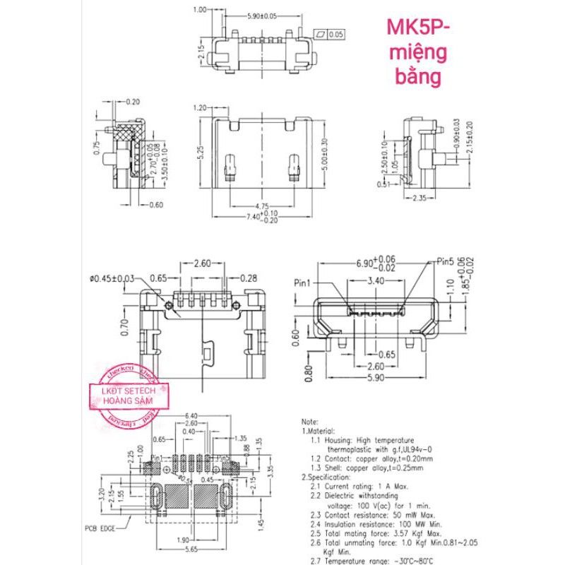 Cổng Micro USB 5P SMD chân dán mạ vàng 1 chiếc