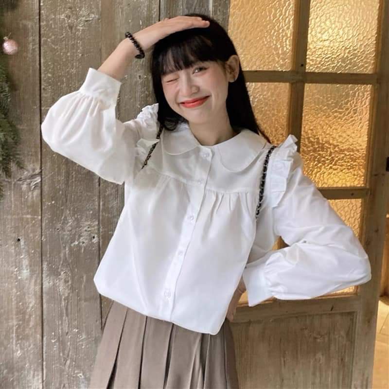 Áo sơ mi nữ babydoll cổ sen dài tay màu trắng be đẹp, Sơ mi kiểu nữ bánh bèo tiểu thư Hàn Quốc