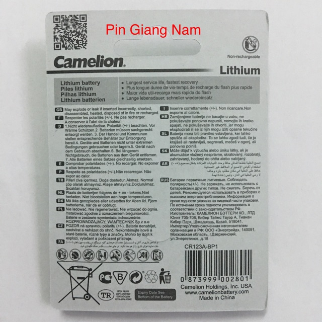 Pin CR123 Camelion 3V vỉ 1 viên