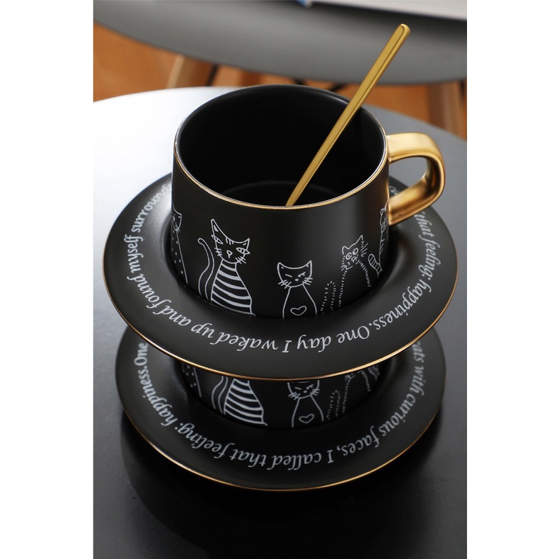 Set cốc sứ và đĩa uống cafe có kèm thìa in hình mèo 250ml