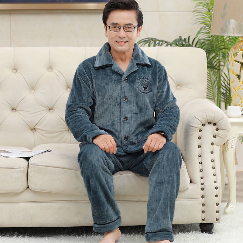 Bộ đồ ngủ nam thu đông dành cho người cha trung niên và người già chất nhung san hô dày dặn thêm chất liệu nhung nỉ cha