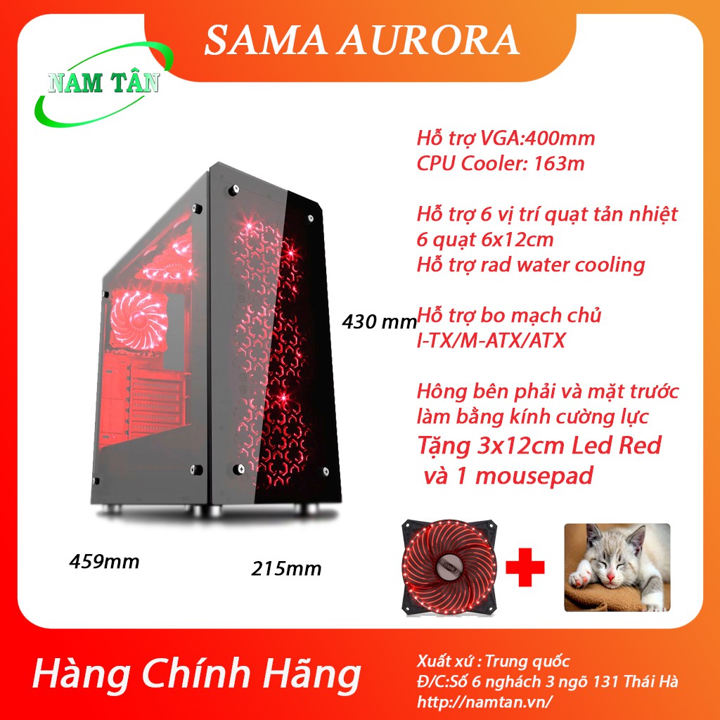 Vỏ Case máy tính SAMA AURORA BLACK (Tặng 3x12cm Red led 33 bóng + 01 bàn di chuột)