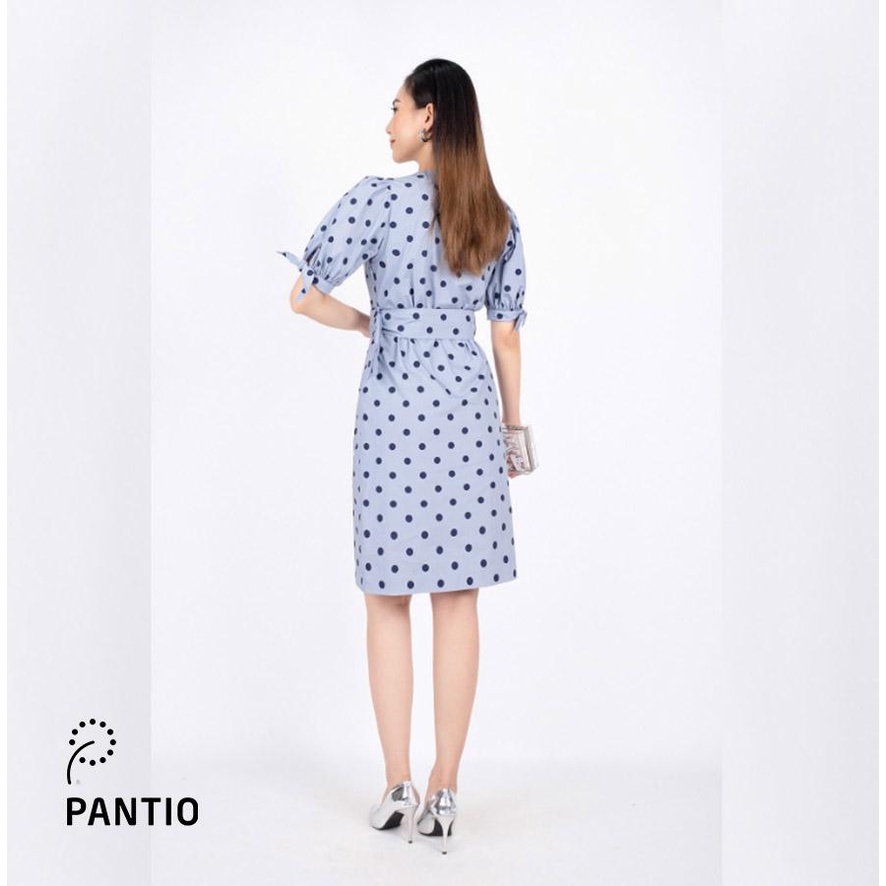 FDC33416 - Đầm công sở vải thô dáng A cổ V xếp nếp tà chồng kèm thắt lưng đai - PANTIO