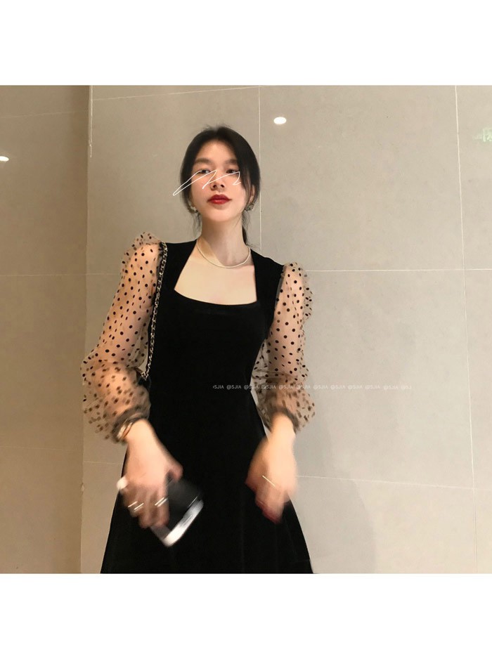 Đầm Nhung Tay Dài Phối Lưới Họa Tiết Chấm Bi Thời Trang Cho Nữ | BigBuy360 - bigbuy360.vn