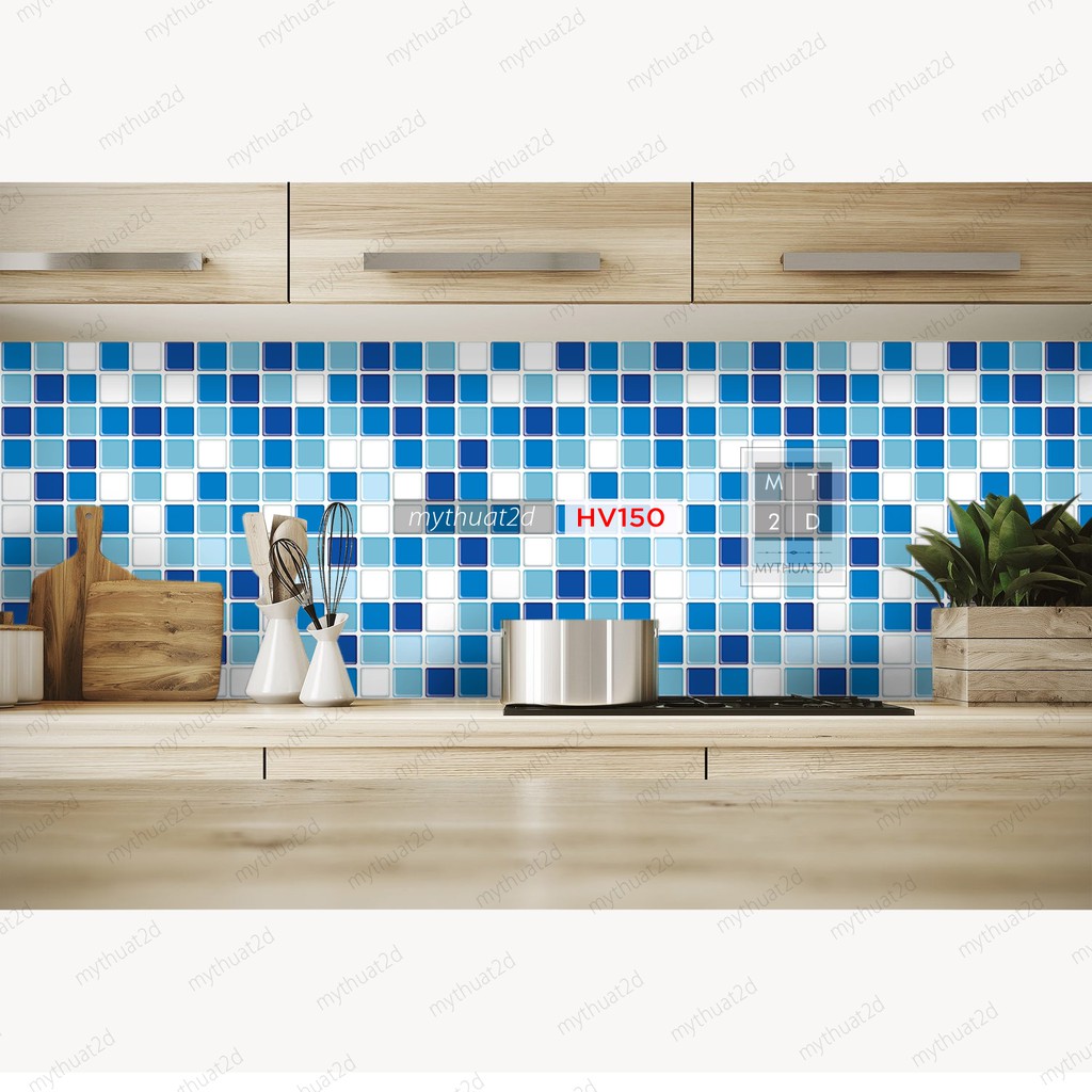 Cuộn 2 mét dài Decal gạch bông Mosaic màu xanh dán bếp dán tường, nhà tắm_kt 200x60cm