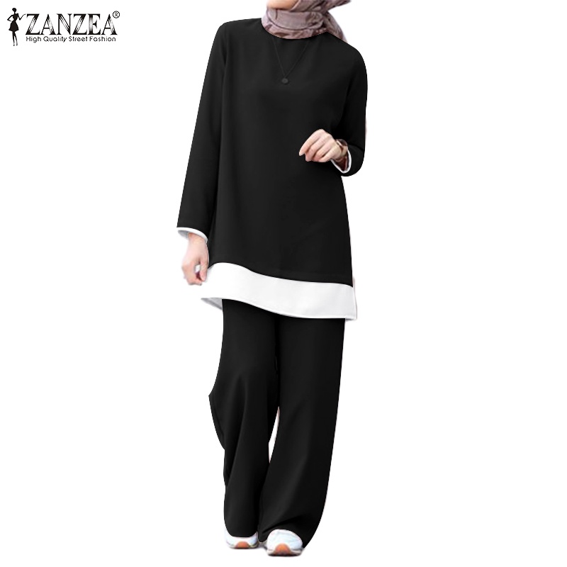 Zanzea Bộ Áo Tay Dài Cổ Tròn Và Quần Dài Lưng Thun Màu Tương Phản Dành Cho Phụ Nữ Hồi Giáo