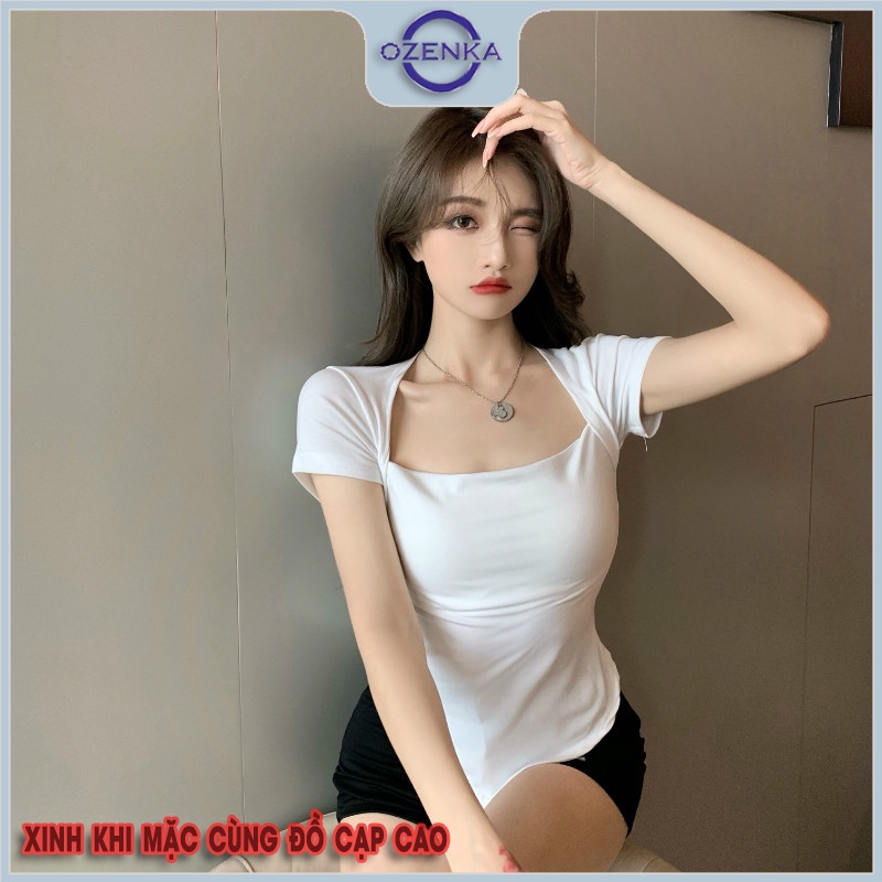 Áo thun vạt bầu ngắn tay cổ vuông ôm nữ OZENKA , ao phông body nữ mẫu mới 2022 cotton 100% màu đen trắng  dưới 50 cân