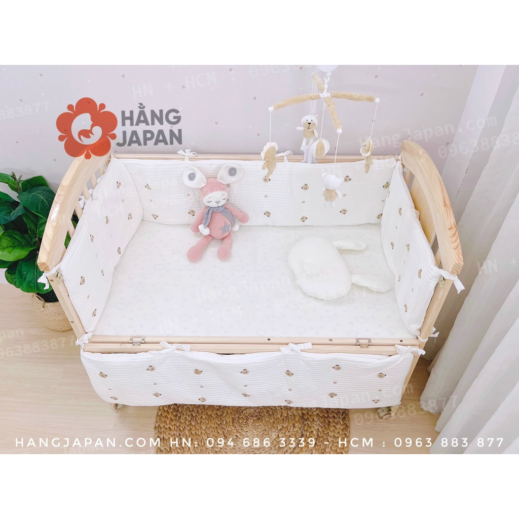 Bộ quây cũi vải 5 in 1 hình gấu kèm ga chun bọc đệm cho bé kích thước 65*125cm