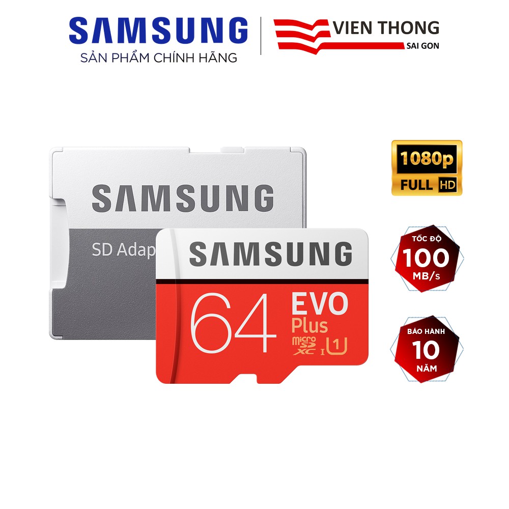 Thẻ nhớ microSDXC Samsung Evo Plus 64GB upto 100MB/s C10 U1 kèm Adapter (Bảo hành 10 năm) - Hãng phân phối chính thức | WebRaoVat - webraovat.net.vn