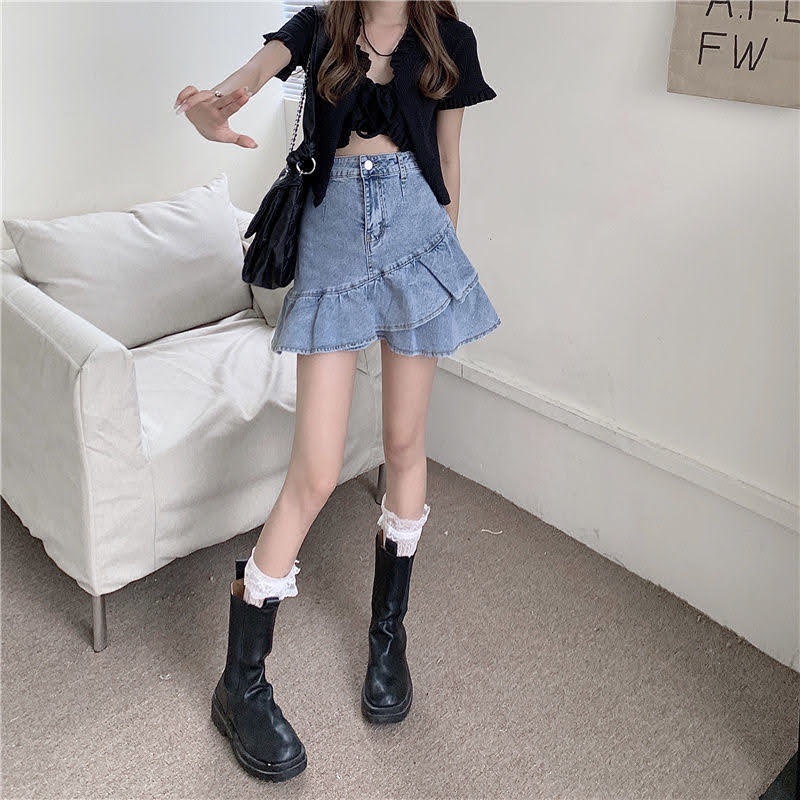 Chân váy bò jeans denim lưng cao phối đuôi cá bèo nhún phong cách cá tính