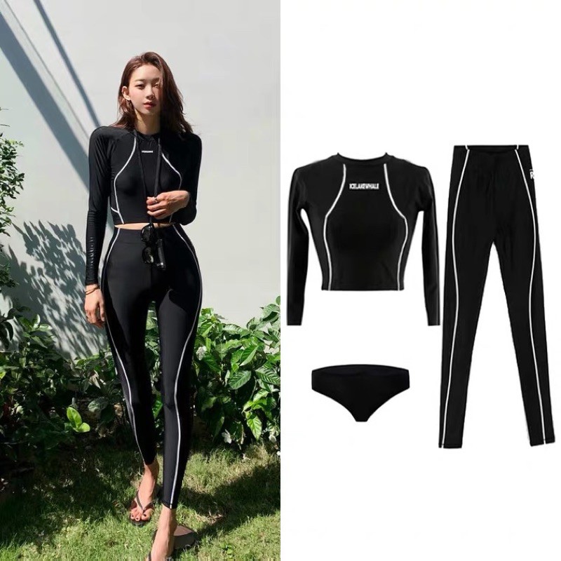 Bikini tay dài áo croptop quần dài cạp cao viền chỉ trắng | BigBuy360 - bigbuy360.vn