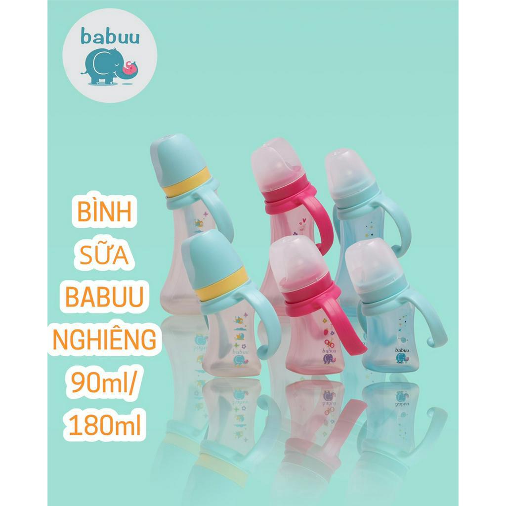 BÌNH SỮA NHỰA PES CỔ NGHIÊNG CHỐNG ĐẦY HƠI BABUU BABY KÈM TAY CẦM 90L/180ML  NHẬT BẢN