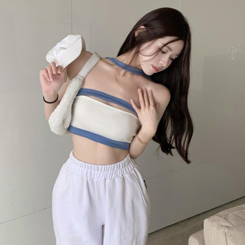 Áo Lửng Hai Dây Màu Sắc Tương Phản Quyến Rũ Phong Cách Hàn Quốc Dành Cho Nữ