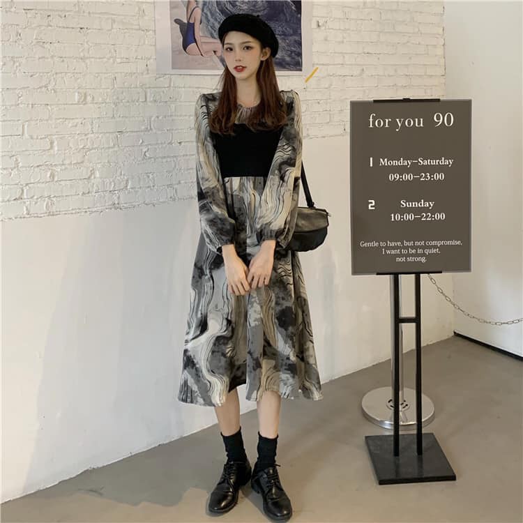 Váy liền dài tay phối màu đen xám cực xinh (có ảnh thật)