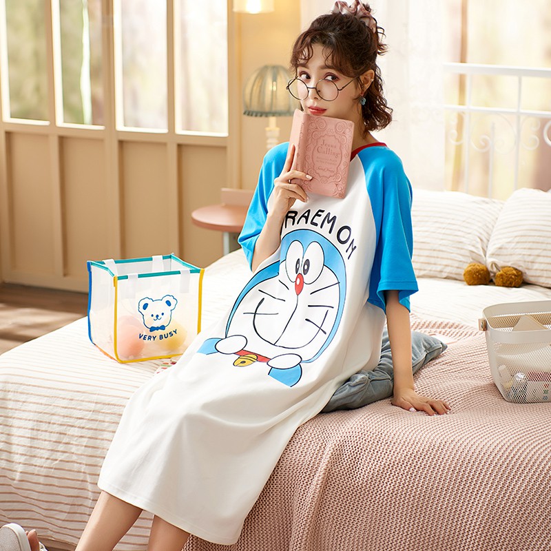 Bộ Đồ Ngủ Cotton Ngắn Tay In Họa Tiết Mèo Doraemon Thời Trang Hè 2021 Cho Nữ