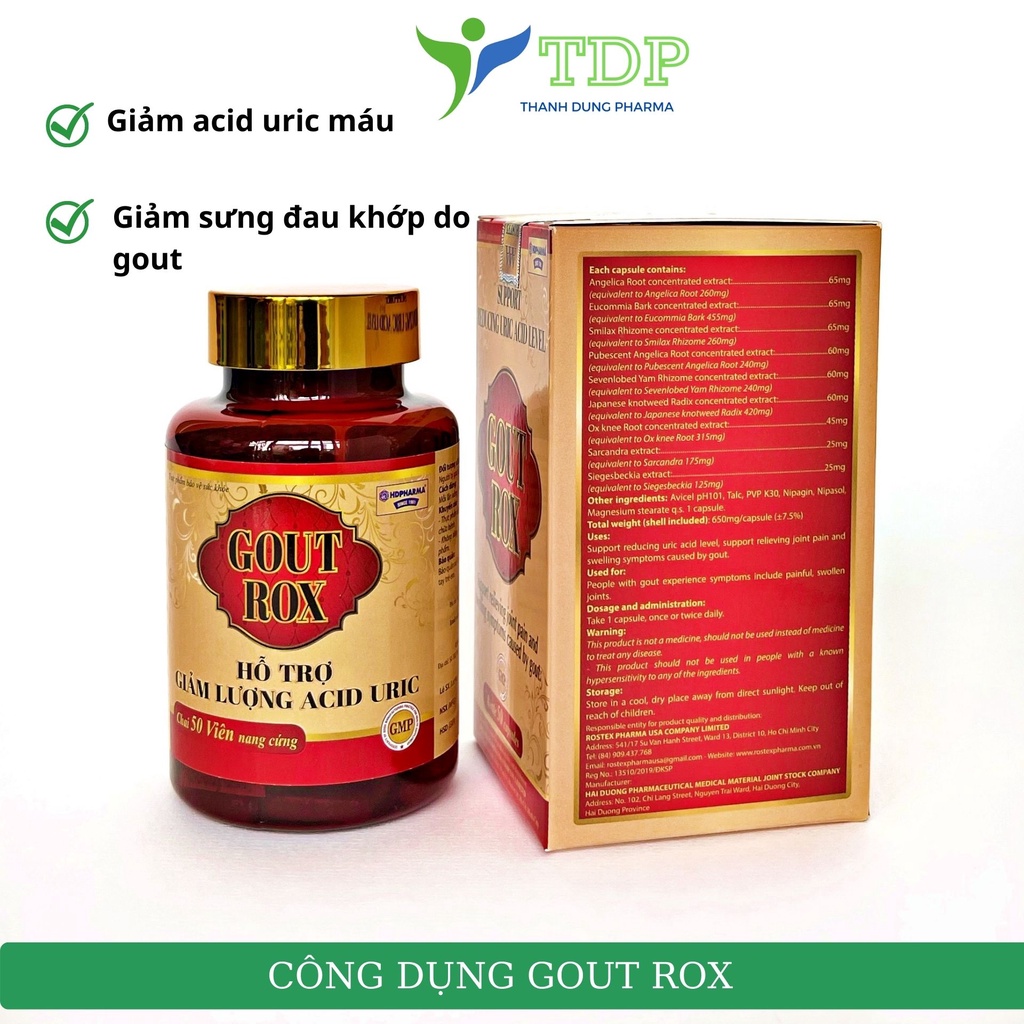Viên uống GOUT ROX hỗ trợ giảm triệu chứng sưng đau khớp do gout, Acid Uric máu - chai 50 viên