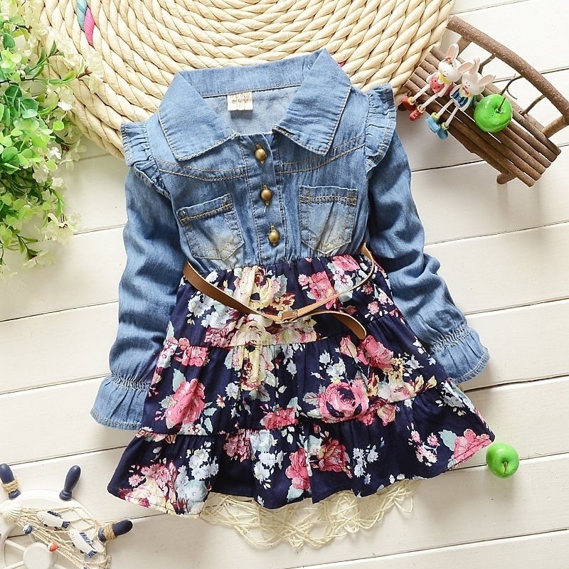 ღ♛ღNew Girls cowboy dress cotton dress baby Girls autumn clothes kids girls dress