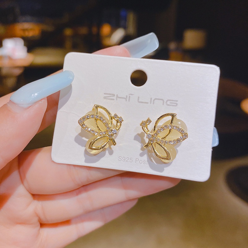 Bông Tai Mạ Bạc 925 Hình Bướm Mắt Mèo Thời Trang Hàn Quốc Cho Nữ