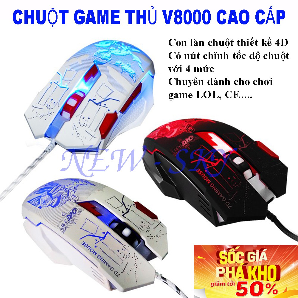 Chuột Game Thủ V8000 Có Đèn Led Đổ Màu Liên Tục Với Con Lăn Thiết Kế 4D Giúp Chuột Di Chuyển Nhanh, Mượt