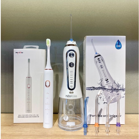 Máy tăm nước cầm tay H2ofloss HF6P + Bàn chải điện sóng siêu âm Maxcare Hera Whitening SE