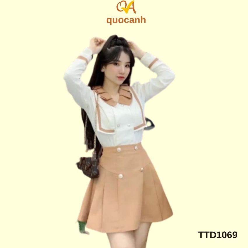 Set váy đầm nữ, đồ nữ dạo phố, công sở, dự tiệc Quocanh, chân váy xếp ly phối với áo sơ mi tay dài cổ thủy thủ xinh xắn