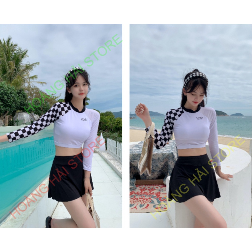 Bộ đồ bơi bikini kín đáo nữ hai mảnh đi tắm biển áo dài tay kèm váy - B34