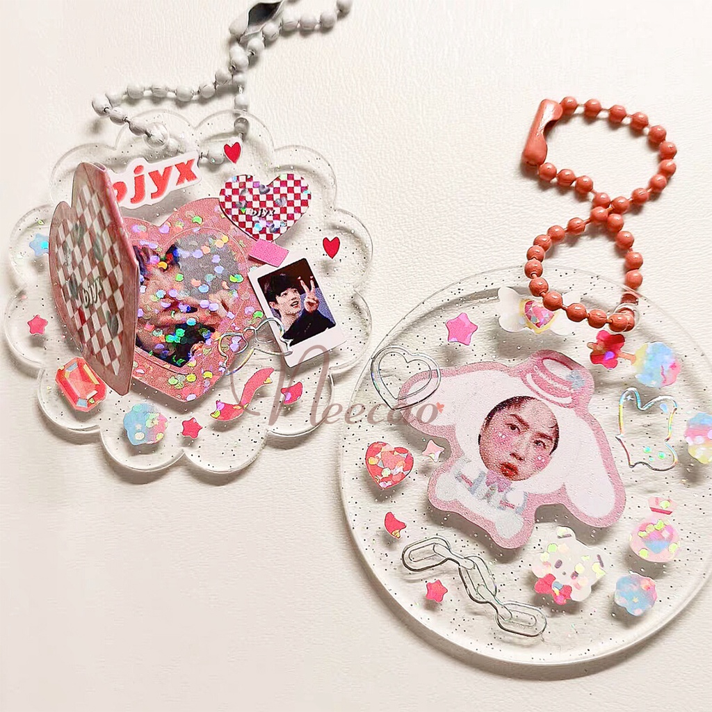 Móc Khóa Nhựa Trong Suốt Acrylic Sáng Tạo DIY Tự Trang Trí Sticker WashiThần Tượng Hình Tròn Trái Tim BJYX Neecao