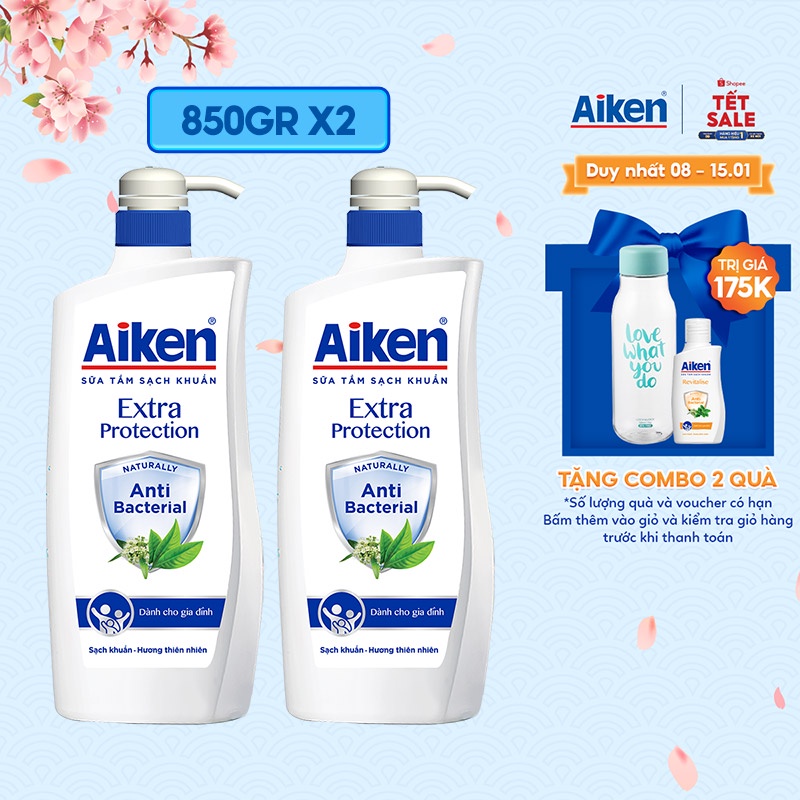 [Mã COSBDAG5 giảm 8% đơn 150k] Aiken Combo 2 Sữa tắm Sạch khuẩn Chiết Xuất Trà Xanh Thiên Nhiên 850g/chai