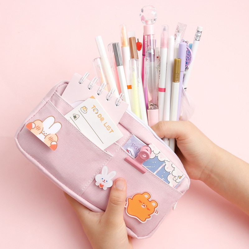 School Supplies kawaii Large Capacity Pencil Case Storage Canvas Pencil Bag Cute Makeup Bag for Girl Kids Gift w/ Badge