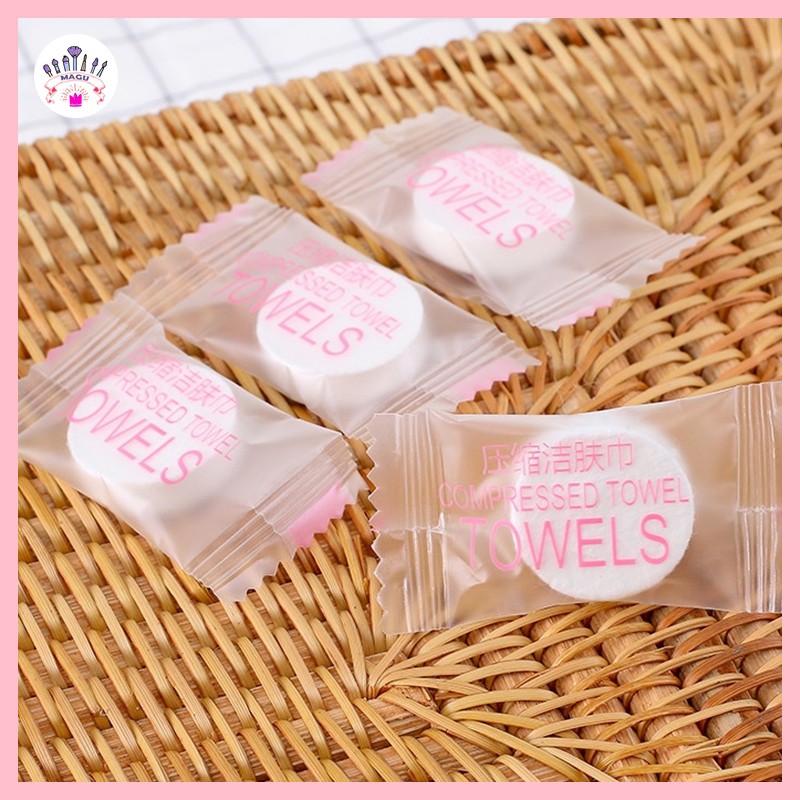 Gói 100 viên khăn giấy nén Towels hình viên kẹo đa năng 100% chất liệu tự nhiên, an toàn - Khăn nén dùng 1 lần mã MFY100