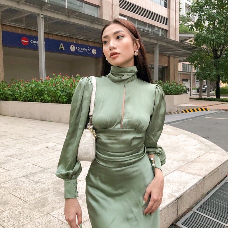 set lụa xếp li cổ hình thật 100%