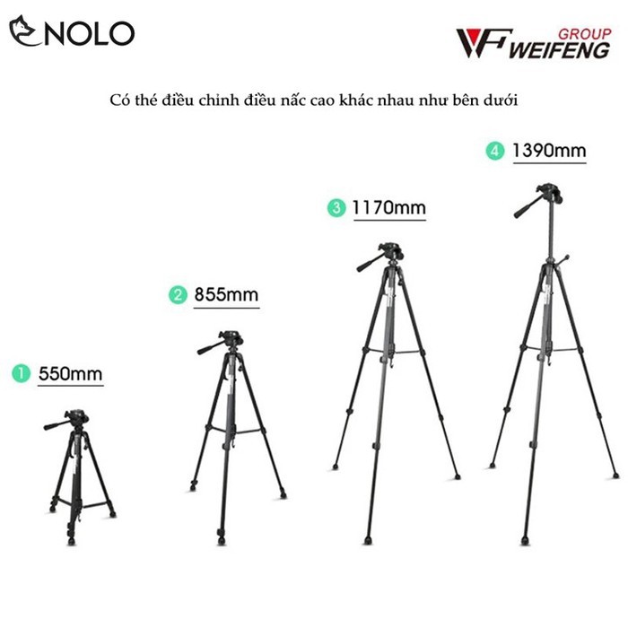 Tripod Máy Ảnh Điện Thoại Weifeng WT3520 Thân Hợp Kim Nhôm Magie Chịu Tải 3Kg Tặng Kèm Túi Và Đầu Kẹp Điện Thoại