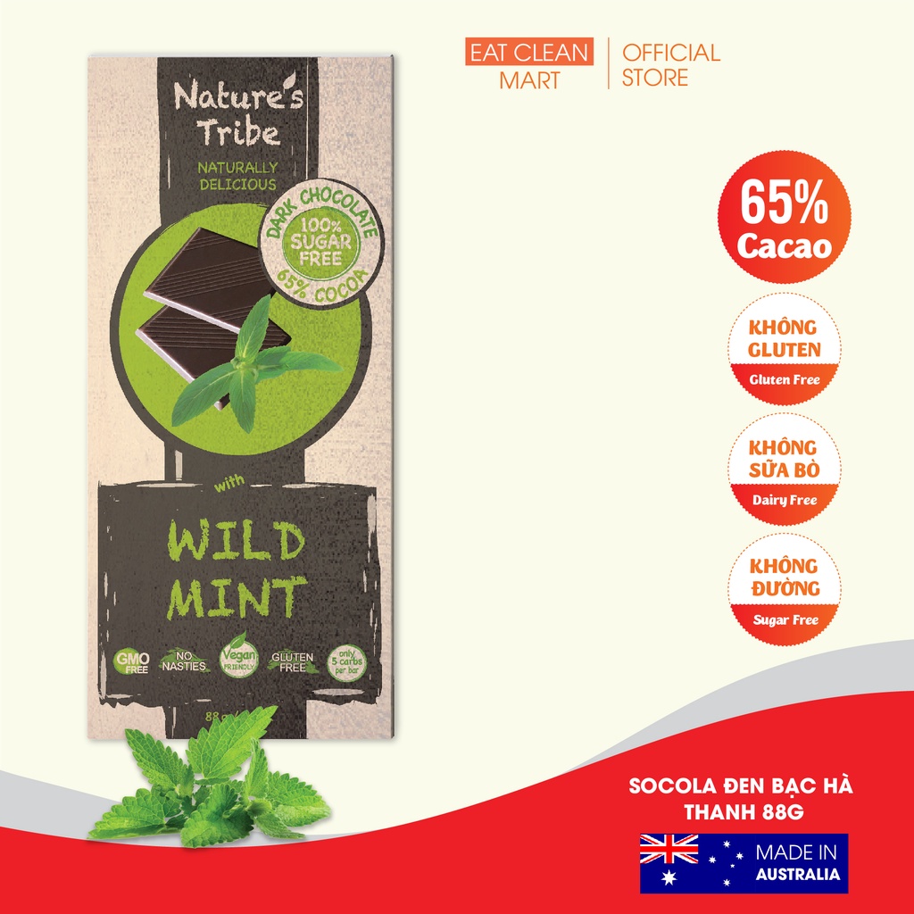 Socola Đen Vị Bạc Hà Không Đường Nhập Khẩu Úc, Gluten Free - Nature's Tribe Sugar Free Dark Chocolate Mint