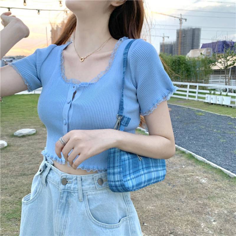 ÁO CROPTOP-ÁO KIỂU CHIZISHOP NỮ PHỐI REN TAY NGẮN THIẾT KẾ QC XINH XẮN