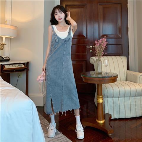Đầm Yếm Denim Dáng Rộng Xẻ Tà Thời Trang Cho Nữ