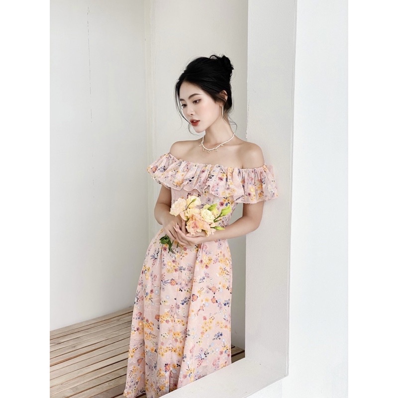 Váy hở vai đi biển hoa nhí sang chảnh váy 2 lớp voan lụa Linstore Thiết Kế V18 Lins96 98.studio