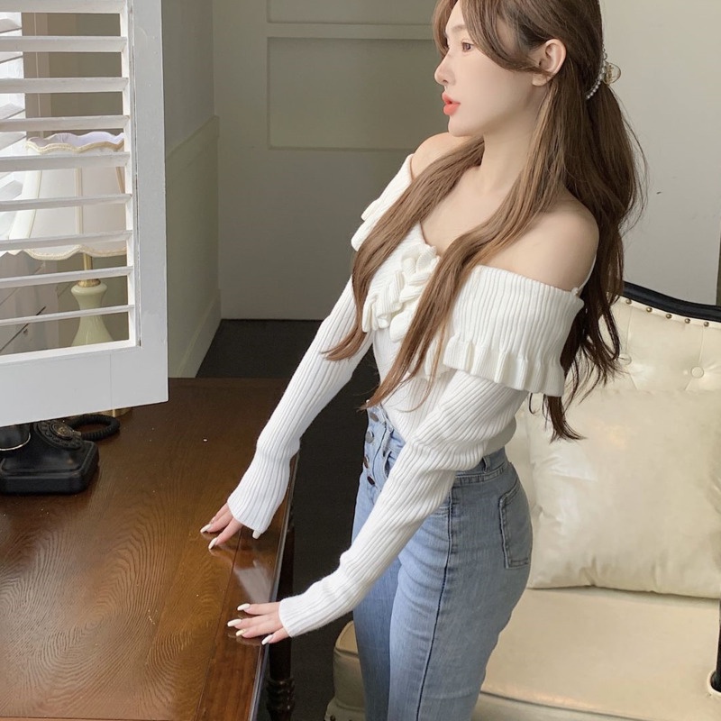 Áo dệt kim tay dài viền lá sen trễ vai thời trang thu đông cho nữ