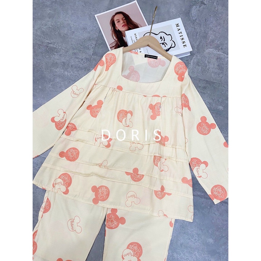 Bộ đồ bầu cổ vuông mặc đi ngủ học tiết hoạt hình, bộ đồ mặc bầu và sau sinh chất Đũi có khoá ngực