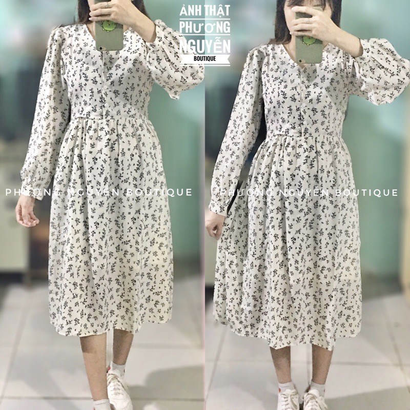 Váy hoa nhí cỏ babydoll cài cúc cổ V dáng dài ulzzang Hàn Quốc | BigBuy360 - bigbuy360.vn