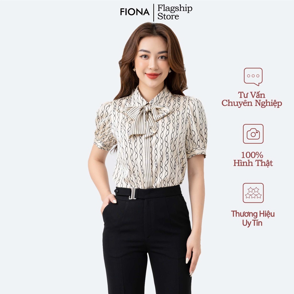 Áo sơ mi nữ Fiona lụa họa tiết, Sơ mi nữ thiết kế dáng suông, cổ buộc nơ rời F552227