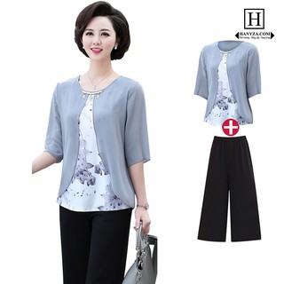 Bộ Voan trung niên nữ 2 mảnh in hoa sen