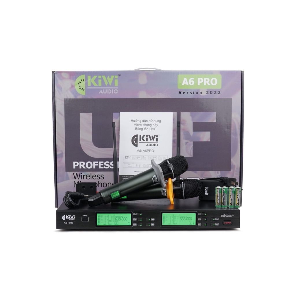 Micro không dây karaoke Kiwi A6 pro, chống hú cao, công nghệ sóng UHF