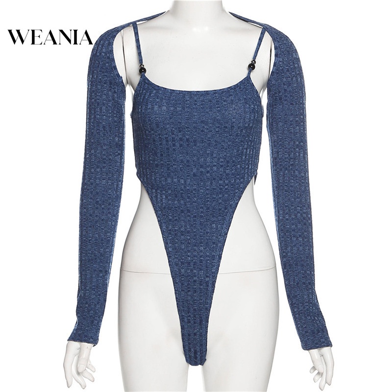 Set Bodysuit Dệt Kim Tay Dài + Quần Lưng Cao Thiết Kế Quyến Rũ Cho Phái Nữ