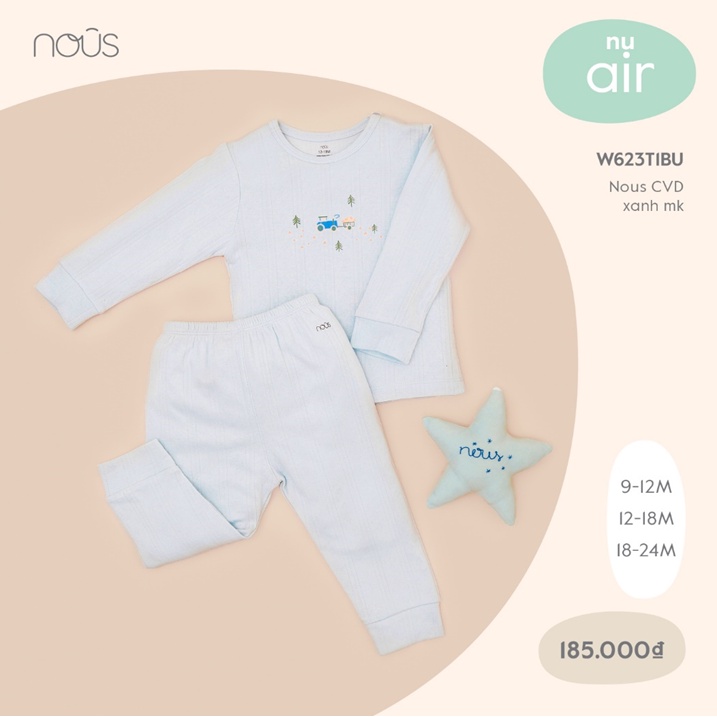 NOUS - Bộ quần áo cài vai dài Nous air (thu) xanh MK 9M 12M